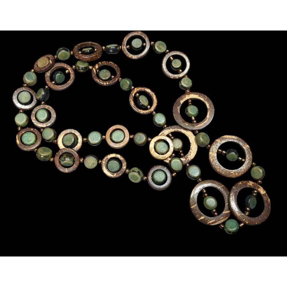 Handcrafted Wooden Brown And Green Disc Necklace With Circular Accents